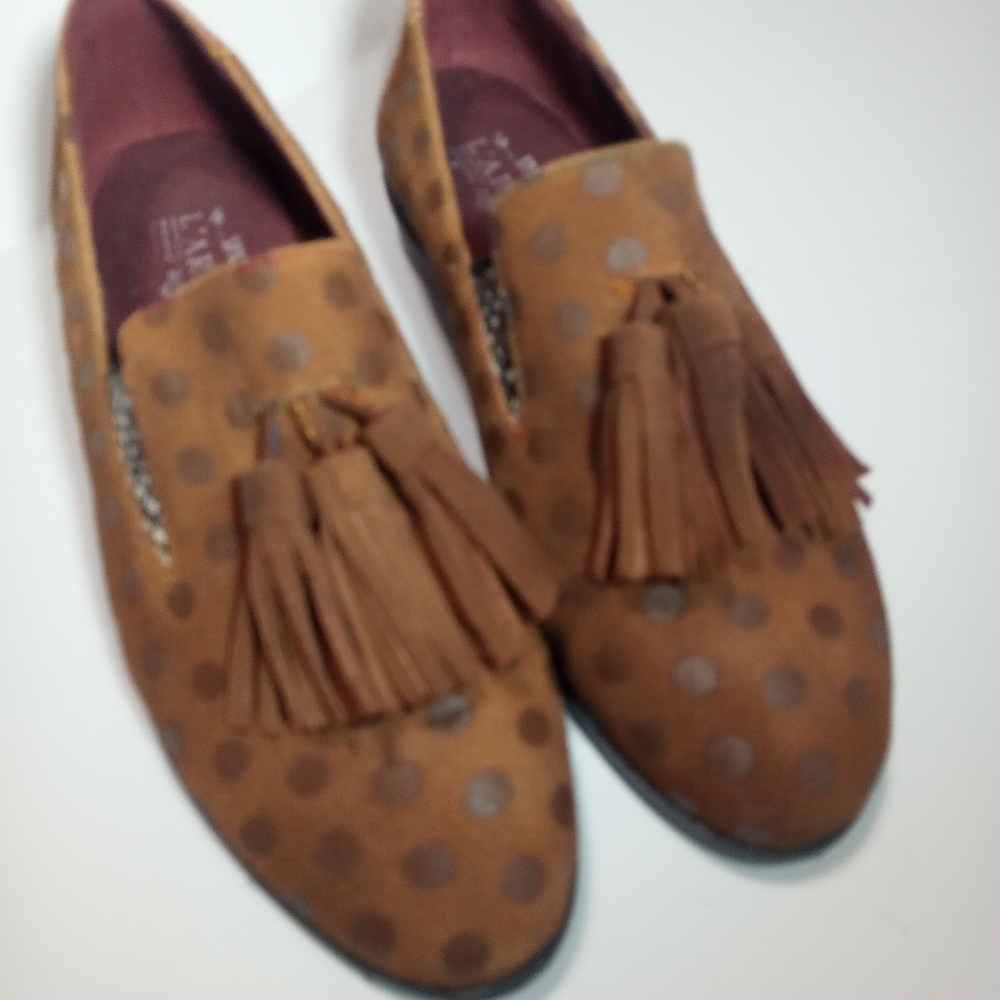 L'ARTISTE by Spring Step Klasik Camel Polka Dot Suede Tasseled Loafers SZ 38